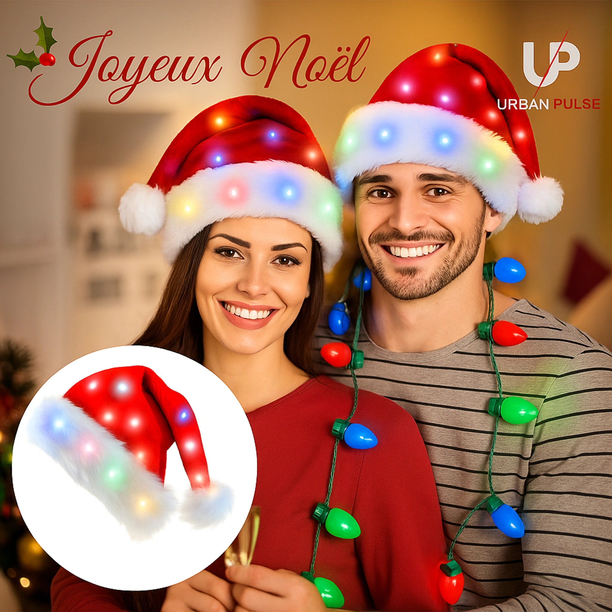 Bonnet de Noël lumineux LED – Unisexe, rouge et doux Urban Pulse